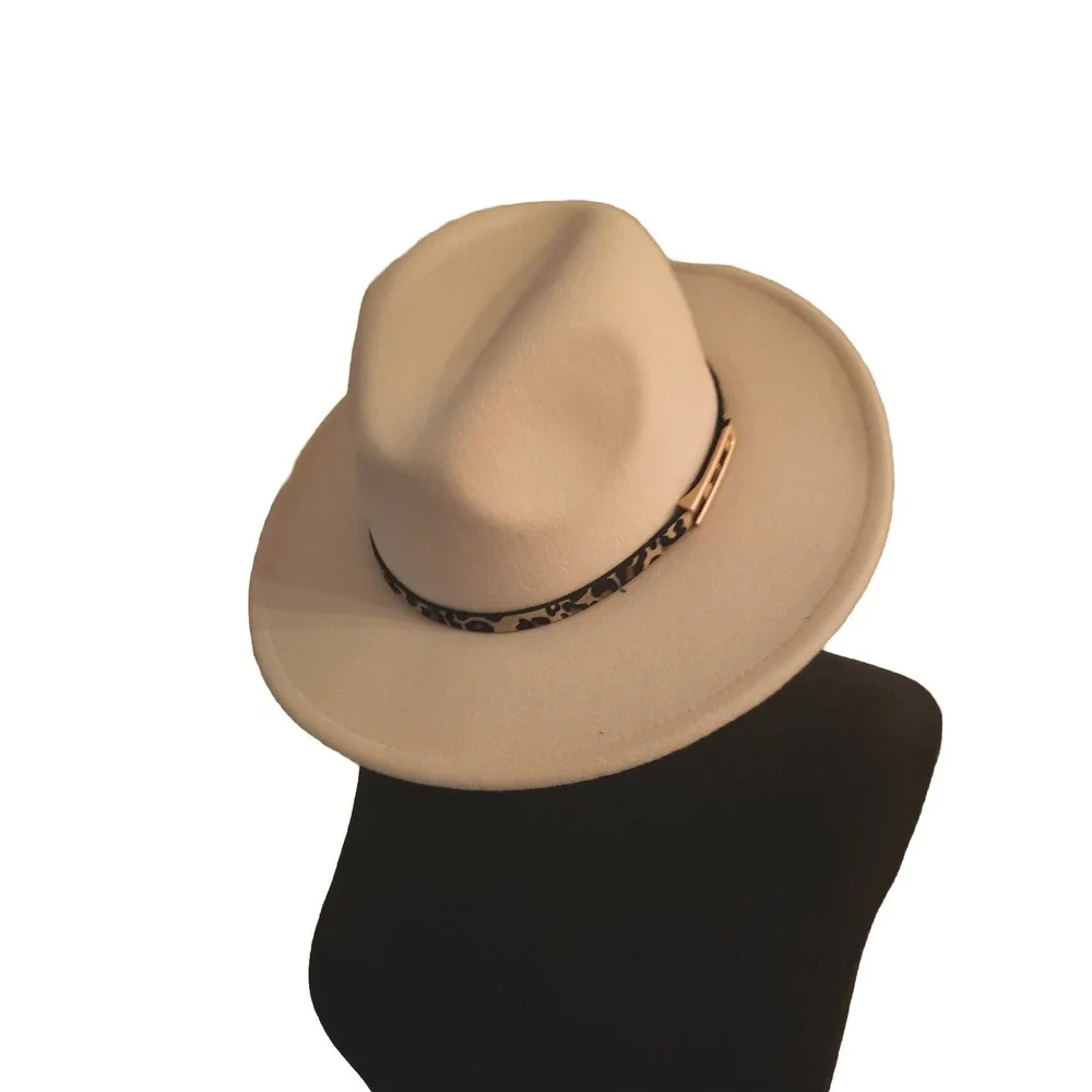New Mud Pie Women's Fedora Hat Cream Felt, Leopard Band Western Style Adjustable
